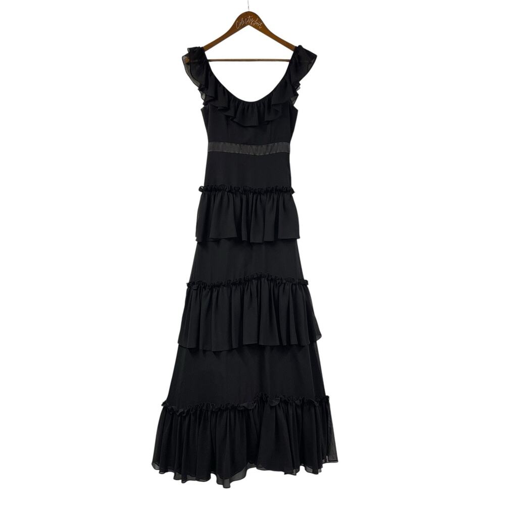 Faviana Cha Cha Dress Black Tulle Tiered Off Shoulder Black Vintage Puffy Goth